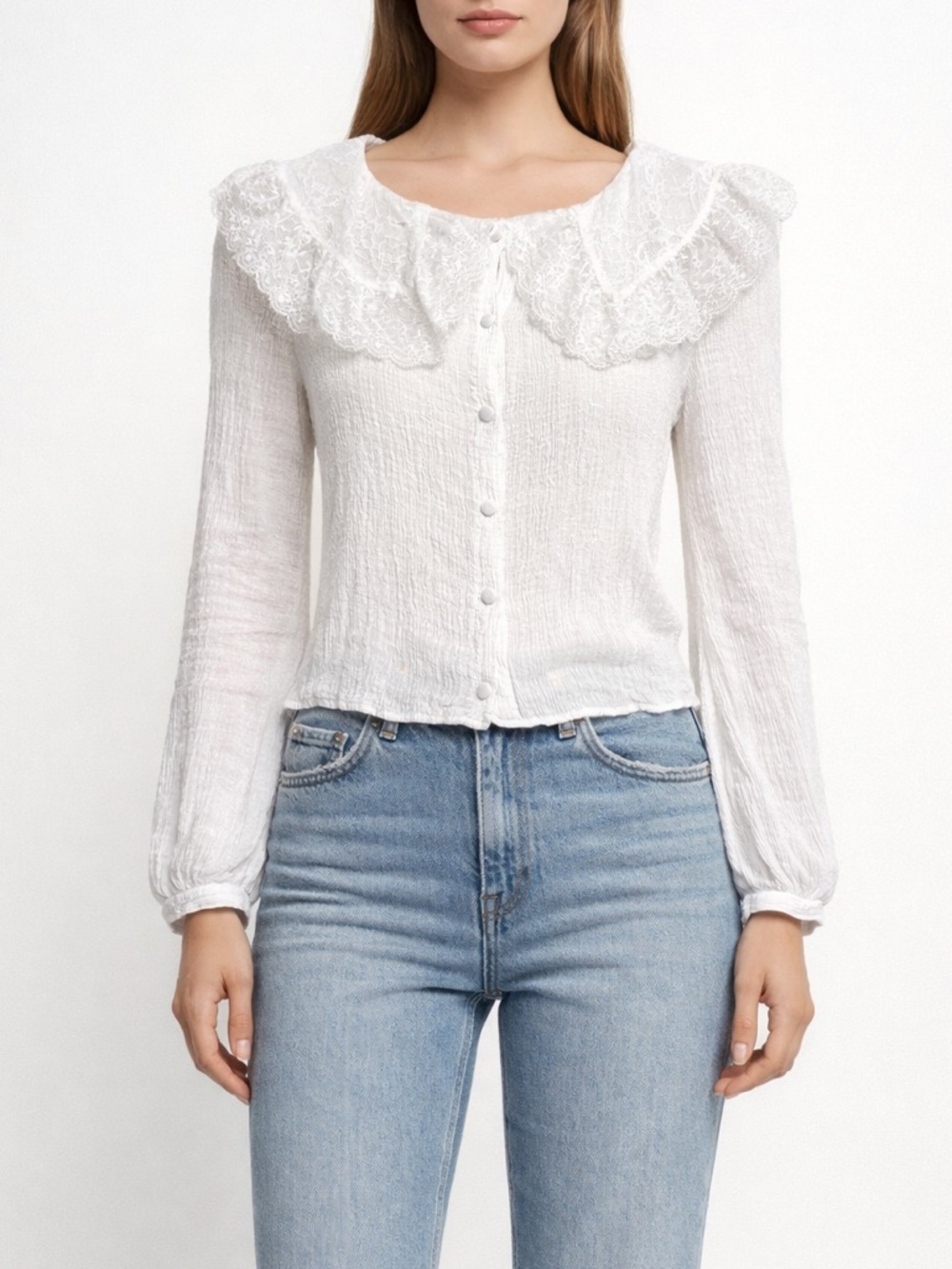 Zara White Lace Collar Button Down Blouse Long Sleeve Feminine Sz S